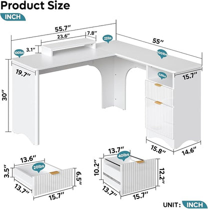 Bestier L Shaped Desk with File Drawer, 55.7" x 55" Office Computer Desk with Round Corners, Modern Desk with Monitor Stand & Fluted Panels for Home Office, White