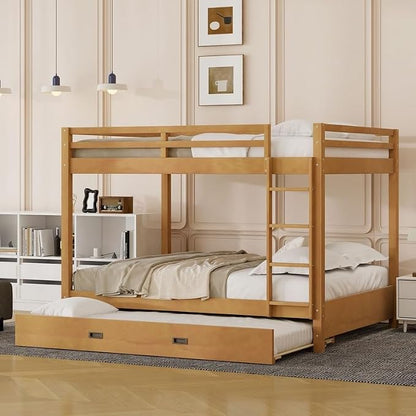 Merax Queen Size Bed with Trundle - Space-Saving Solid Wood Frame, Built-in Safety Rails and Ladderm, Wood