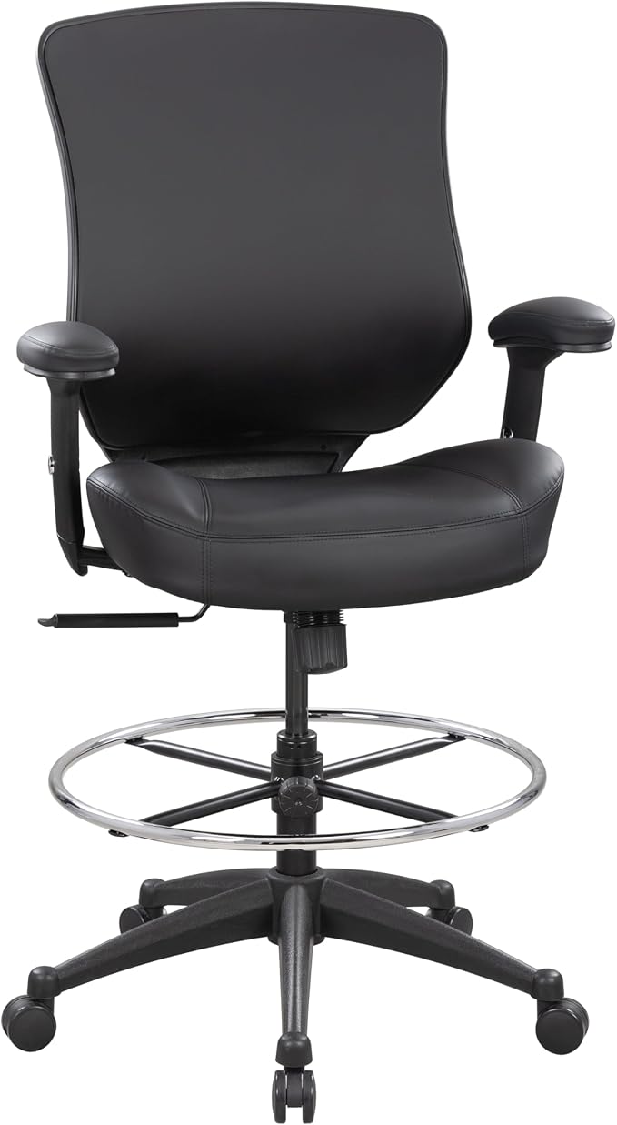 BOLISS 400lbs Mid Back Premium Leather Ergonomic Drafting Chair Office for Adjustable Desk Wide Chair Built-in Lumbar Support Adjustable Foot Ring Height Adjustable Armrest (Black Leather)