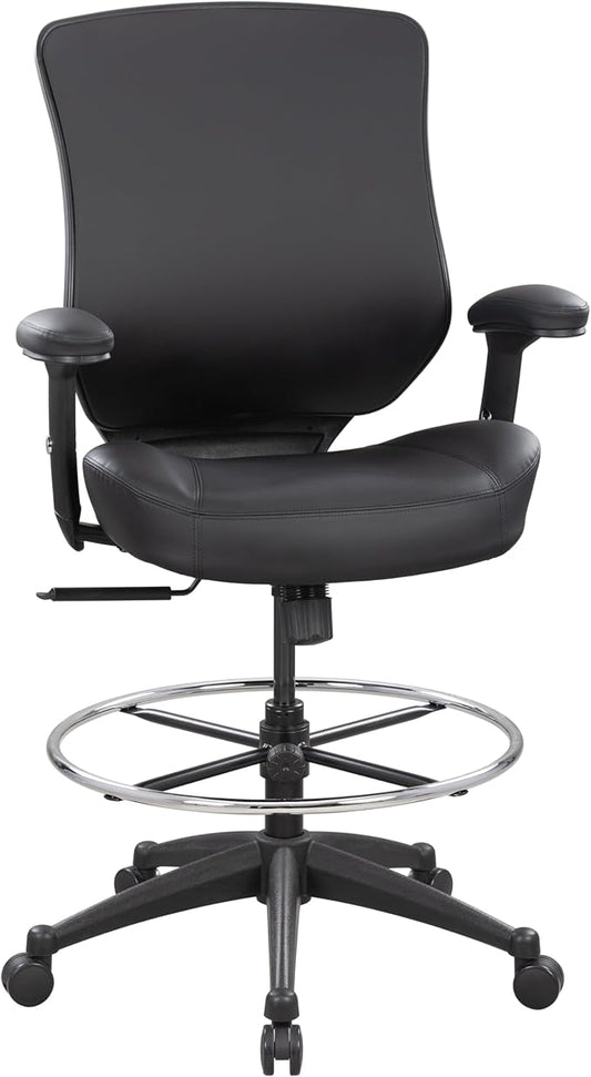 BOLISS 400lbs Mid Back Premium Leather Ergonomic Drafting Chair Office for Adjustable Desk Wide Chair Built-in Lumbar Support Adjustable Foot Ring Height Adjustable Armrest (Black Leather)