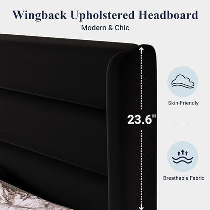 Allewie Full Size Platform Bed Frame with Velvet Upholstered Wingback Headboard, No Box Spring Needed, Under Bed Storage Space, Strong Wooden Slats, Modern Mattress Foundation, Easy Assembly, Black