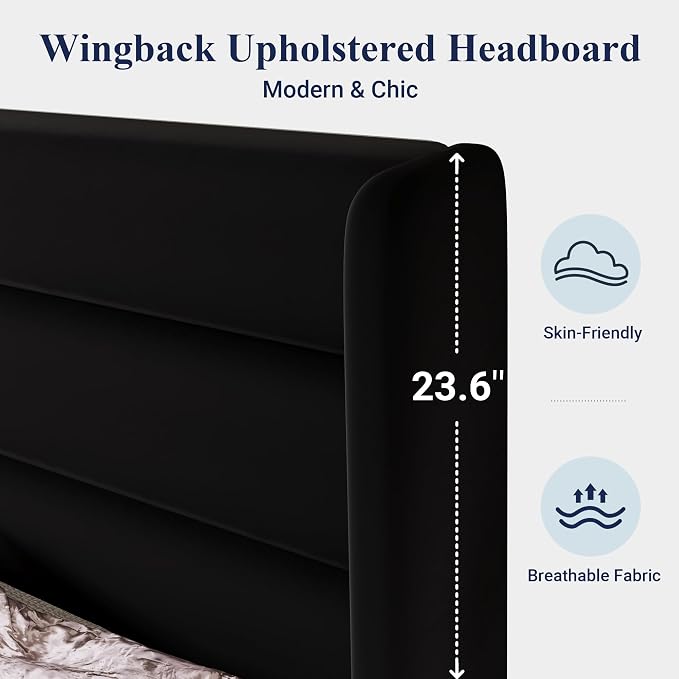 Allewie King Size Platform Bed Frame with Velvet Upholstered Wingback Headboard, No Box Spring Needed, Under Bed Storage Space, Strong Wooden Slats, Modern Mattress Foundation, Easy Assembly, Black
