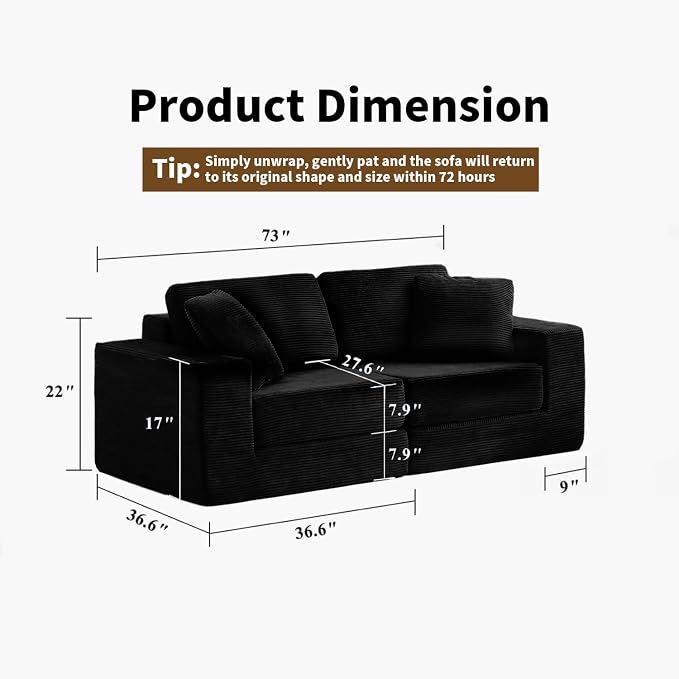 FILUXE Modular Sectional Sofa, Modern Modular Sofa Couch with Deep Seat，Comfy Cloud Couch, Sectional Couches for Living Room, Bedroom and Apartment，2-Seater，Black