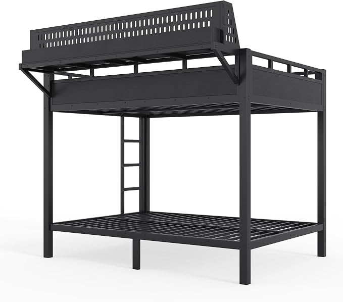 Bellemave Bunk Bed Full Over Full，Metal Bunk beds with Storage Shelves USB Ports and LED Lights, Black