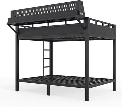 Bellemave Bunk Bed Full Over Full，Metal Bunk beds with Storage Shelves USB Ports and LED Lights, Black