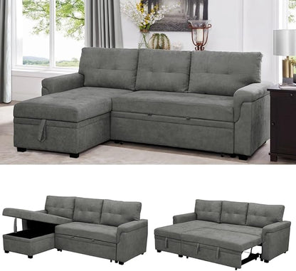 Naomi Home 84" L-Shaped Sectional Sleeper Sofa with Pull Out Bed | Sleeps Guests Comfortably, Stores Essentials in Chaise & Saves Space, Velvet, Gray Convertible Sofa Bed
