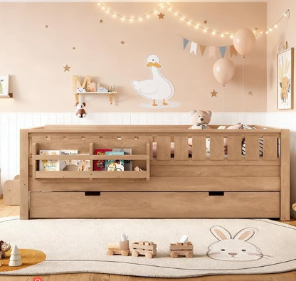 Bellemave Twin Size Kids Bed with high Rails and with Built-in Bookshelf and Trundle for Kids, Girls, Boys, Wood Montessori Bed Without Door, Natural