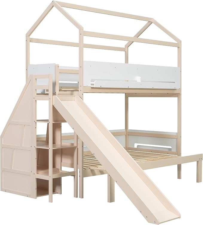 Harper & Bright Designs House Bunk Bed with Trundle and Bookshelf, Twin Over Full Bunk Bed with Slide and Stairs for Kids Teens Adults, Space Saving, No Box Spring Needed, Beige+White