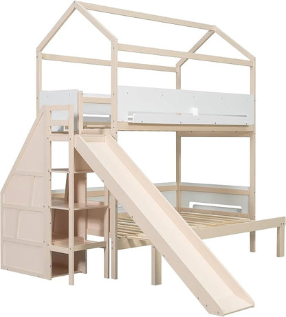 Harper & Bright Designs House Bunk Bed with Trundle and Bookshelf, Twin Over Full Bunk Bed with Slide and Stairs for Kids Teens Adults, Space Saving, No Box Spring Needed, Beige+White