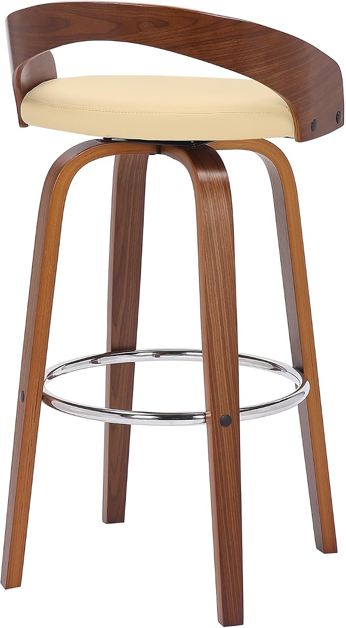 Armen Living Sonia 30" Bar Height Swivel Cream Faux Leather and Walnut Wood Bar Stool - Set of 3