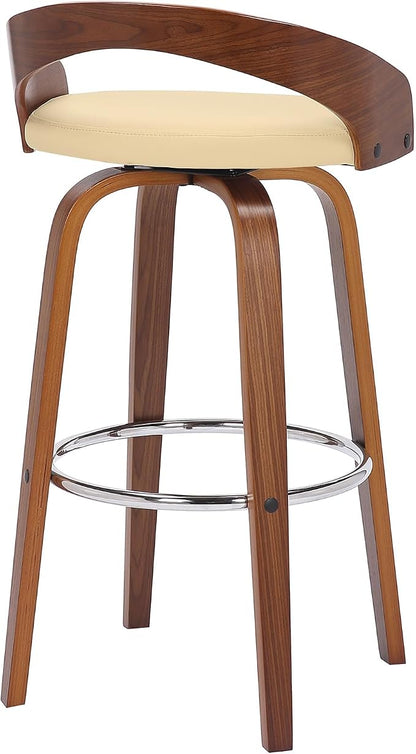 Armen Living Sonia 30" Bar Height Swivel Cream Faux Leather and Walnut Wood Bar Stool - Set of 3