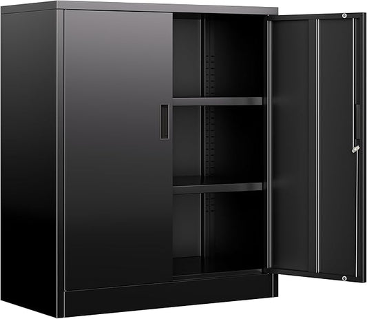 BESFUR Metal Garage Storage Cabinet with 2 Locking Doors and 2 Adjustable Shelves, 36" Black Metal Short Storage Cabinet for Home Office,Garage,School,Utility Room