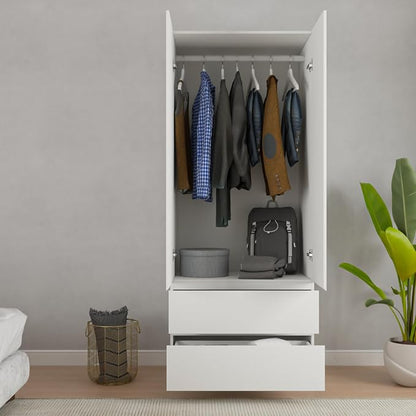 Bobve 78.74'' Armoire Wardrobe Closet with 2 Doors and 2 Drawers, Bedroom Armoire with Hanging Rod, Freestanding Wooden Closet Storage Cabinet, White