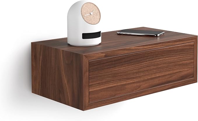 Mobili Fiver, Riccardo Floating nightstand, Walnut, 17.7" x 9.8" x 6.1 ", Melamine-Finished, Modern Bedside Table, End Table, Italian Furniture