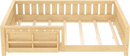 Bellemave Queen Size Floor Bed with high Rails and with Built-in Bookshelf for Kids, Girls, Boys, Wood Montessori Floor Bed Without Door, Light Natural