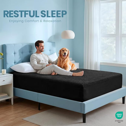 Twin Size Mattress Protector Waterproof, Premium 200 GSM Terry Mattress Cover, Soft & Breathable Bed Cover, Fitted Sheet Style Stretchable Deep Pockets 15" by Utopia Bedding (Black)