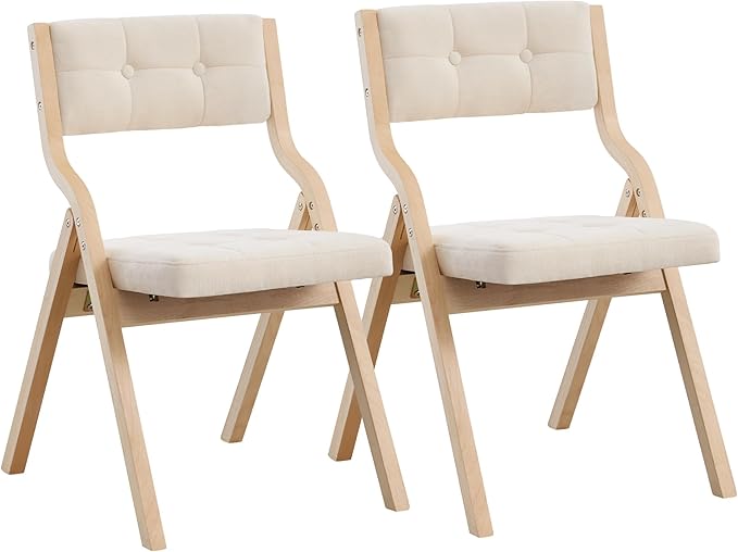 2-Pack Folding Dining Chairs with Cushion,Padded Foldable Dining Chairs,Portable Wooden Folding Chairs with Tufted Buttons Seat for Dining Rooms Kitchen Wedding and Party Indoor Beige