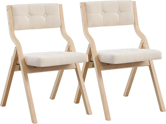 2-Pack Folding Dining Chairs with Cushion,Padded Foldable Dining Chairs,Portable Wooden Folding Chairs with Tufted Buttons Seat for Dining Rooms Kitchen Wedding and Party Indoor Beige