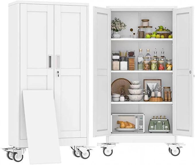 61" H Metal Pantry Storage Cabinet with Wheels,Rolling Kitchen Pantry Cabinet with 2 Doors and 3 Adjustable Shelves, Locker Steel Cabinet,Organization Cabinet for Garage,Home,Gym,School,White