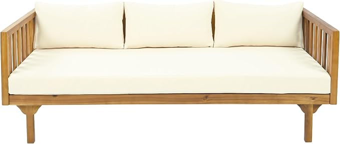Christopher Knight Home Claremont Outdoor 3 Seater Acacia Wood Daybed with Fabric Water Resistant and Removable Cushions, Patio Garden Poolside Sofa with Slat Paneling Armrest and Back, Teak and Beige