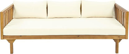 Christopher Knight Home Claremont Outdoor 3 Seater Acacia Wood Daybed with Fabric Water Resistant and Removable Cushions, Patio Garden Poolside Sofa with Slat Paneling Armrest and Back, Teak and Beige