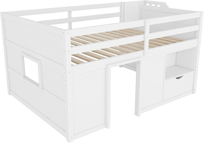 Bellemave Full Size Low loft Bed for Kids,Wood Loft Beds,Modern Farmhouse Full loft Bed,Loft Bed with Desk and Storage, No Box Spring Needed,for Kids, White and Natural