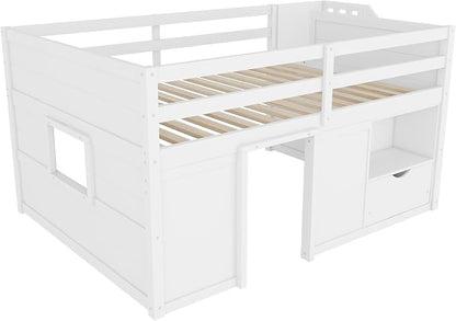 Bellemave Full Size Low loft Bed for Kids,Wood Loft Beds,Modern Farmhouse Full loft Bed,Loft Bed with Desk and Storage, No Box Spring Needed,for Kids, White and Natural