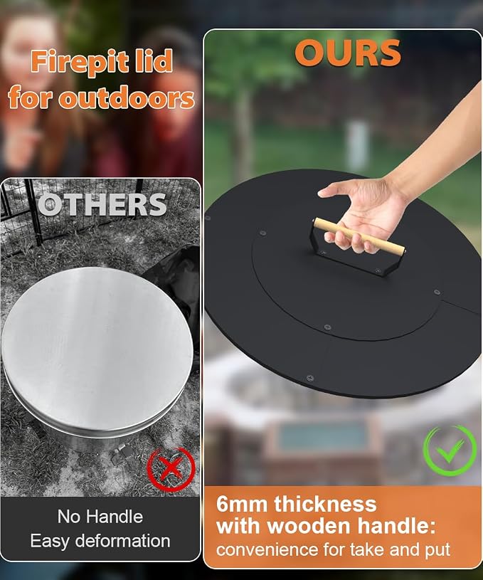 22" Wooden-Handle Fire Pit Lid for Pits up to 20", Round Metal Bonfire Pit Burner Pan Cover, Smokeless Fire Pit Cover for Fire Tables, All-Weather Resistance Outdoor Firepit Accessory