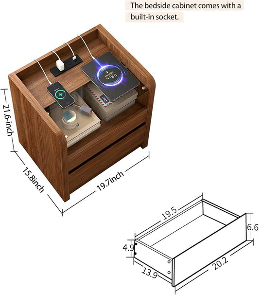 Walnut Nightstand Set of 2 with Charging Station, 20 Inch Wide Night Stand with Drawers, Modern Bedroom Bedside End Table with Round Corners & Reinforced Panel for Dorm, Sofa, Office, Living Room