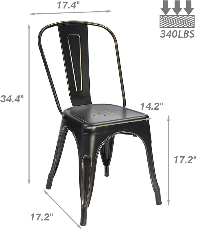 Devoko Metal Indoor-Outdoor Chairs Distressed Style Kitchen Dining Chairs Stackable Side Chairs with Back Set of 4 (Black Gold)