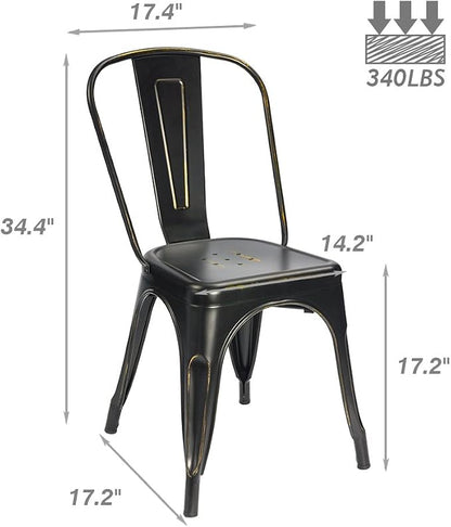 Devoko Metal Indoor-Outdoor Chairs Distressed Style Kitchen Dining Chairs Stackable Side Chairs with Back Set of 4 (Black Gold)
