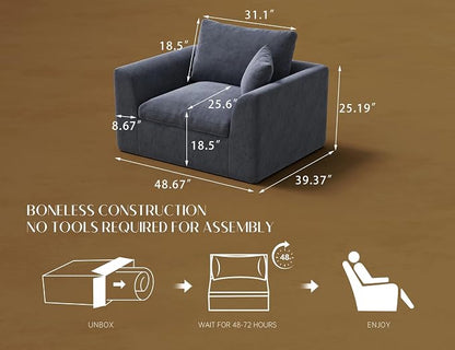 ohllob 48.6" Single Sofa, Small Boneless Couches for Living Room, Cloud Couch for Bedroom, Office, Grey