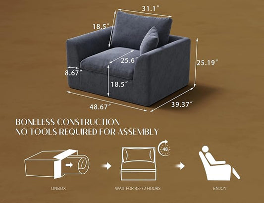 ohllob 48.6" Single Sofa, Small Boneless Couches for Living Room, Cloud Couch for Bedroom, Office, Grey