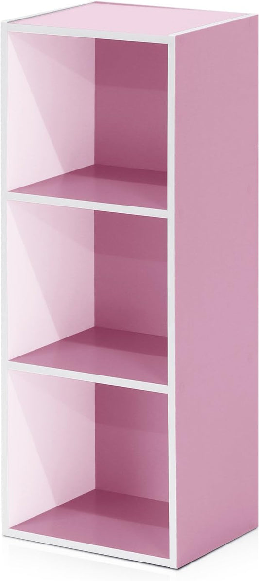 Furinno LUDER Book Shelf, 3-Cube Bookshelf, Bookcase with Open Shelves, 9.3 x 12 x 31.5, Easy Assembly, for Living Room, Bedroom, Home Office, White/Pink