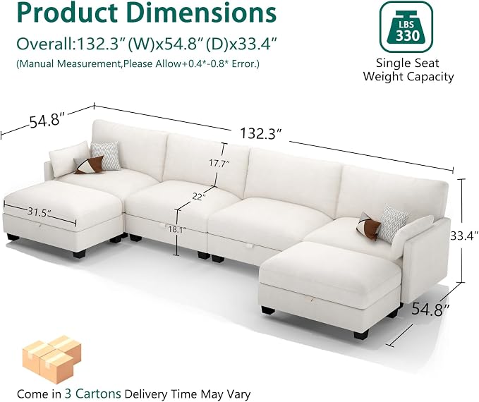 Modular Sectional U Shaped Sofa Couches for Living Room, Cloud Couch with Storage Ottoman, Comfy Chenille Sofa with Pillow, Beige