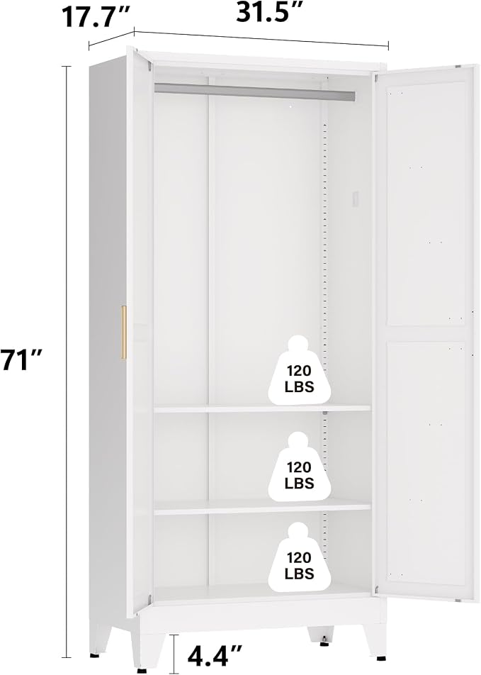 Metal armoire Wardrobe Closet with Hanging Rod,71'' Metal Wardrobe Cabinet with 2 Doors and 2 Adjustable Shelves, Bedroom armoires,Laundry Room cabinets,armario de ropa Closet(Classic, White)
