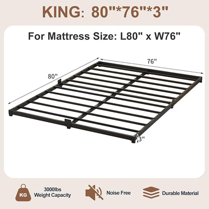 3 Inch Low Profile King Size Bed Frame, Noise-Free Heavy Duty Metal Platform with Mattress Stopper, No Box Spring Needed, Easy Assembly Steel Support, Black