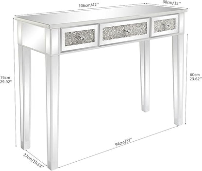 VINGLI Silver Mirrored Vanity Desk, Makeup Vanity Desk, Glass Desk with 3 Drawers, Glass Vanity for Women Girls Bedroom, Makeup Room & Office Writing Desk