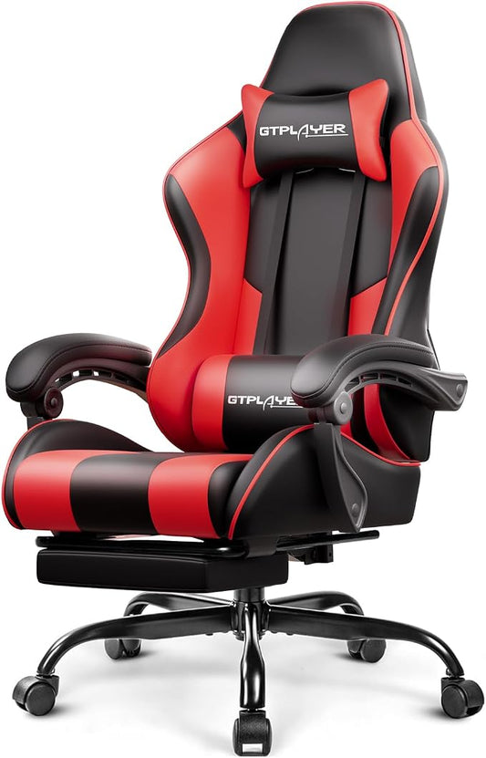 GTPLAYER Gaming Chair, Computer Chair with Footrest and Lumbar Support, Height Adjustable Game Chair with 360°-Swivel Seat and Headrest and for Office or Gaming (Faux Leather, Red)