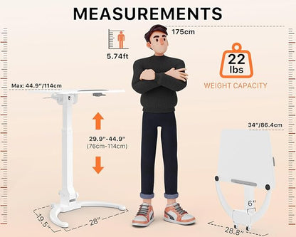 JOY worker Foldable Mobile Standing Desk, Height Adjustable Sit Stand Desk, 90° Tiltable Rolling Laptop Table, Portable Workstation with Wheels Non-Slip Mat for Home Office, Holds Up to 22lbs, White