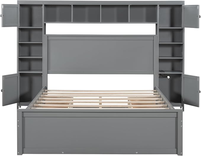 Merax Queen Size Wooden Bed with All-in-One Cabinet, Gray Platform Bed Frame with 4 Drawers, Shelf and Sockets