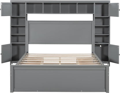 Merax Queen Size Wooden Bed with All-in-One Cabinet, Gray Platform Bed Frame with 4 Drawers, Shelf and Sockets
