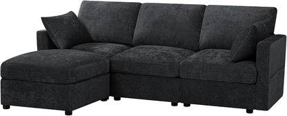 84” Chenille 3-Seats Sofa W/Movable Ottoman, Black | Modern Fabric L-Shaped Couch w/Soft Backrests, Upholstered Sectional Sofa w/Arm Pillows for Living Room