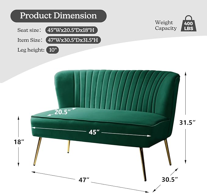 TINA'S HOME Contemporary Velvet Loveseat Sofa, Upholstered Loveseat Couch with Golden Metal Legs, Small Tufted 2-Seat Sofa Armless Love Seat for Living Room, Bedroom, Apartment Small Spaces, Green