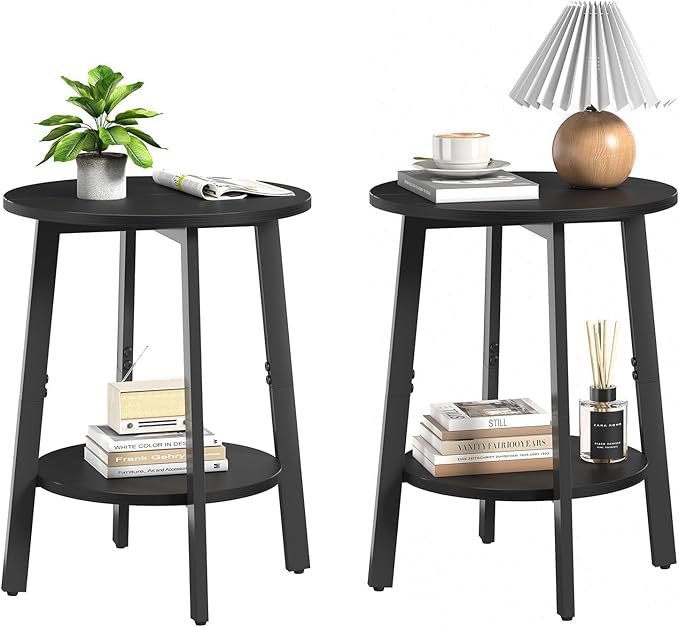 sthmec Side Table Set of 2, Small Round End Table with Storage Shelf for Small Space, 2-Tier Black Bedside Table Sofa Couch Table, Nighstands Set of 2 Accent Table for Living Room, Bedroom, Black