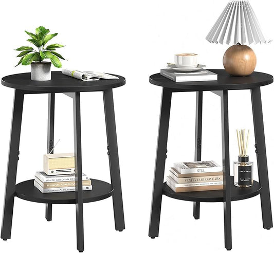 sthmec Side Table Set of 2, Small Round End Table with Storage Shelf for Small Space, 2-Tier Black Bedside Table Sofa Couch Table, Nighstands Set of 2 Accent Table for Living Room, Bedroom, Black