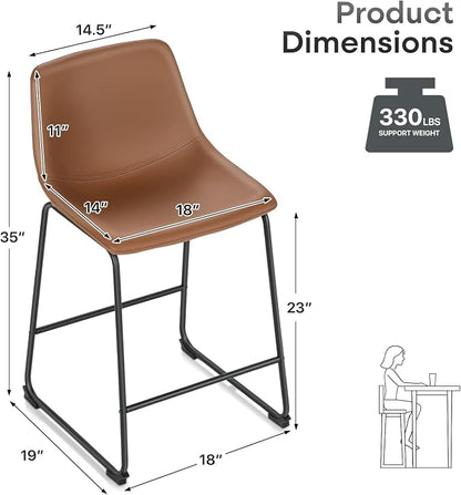 Athena Collection 23'' Counter Height Bar Stools Bar Chairs Set of 4 Modern PU Leather Bucket Chairs with Back Soft Foam Filled Metal Frame Bar Stools with Footrest for Pub, Bistro, Kitchen, Brown