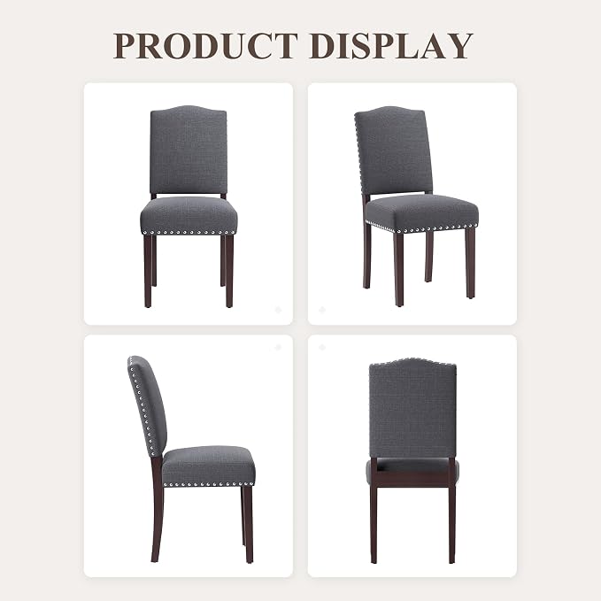 Upholstered Parsons Dining Chairs Set of 2, Modern Dining Room Chairs with Back, Fabric Kitchen Side Chairs with Wood Legs, Nailhead Trim for Dinner Farmhouse Restaurant, Darkgrey