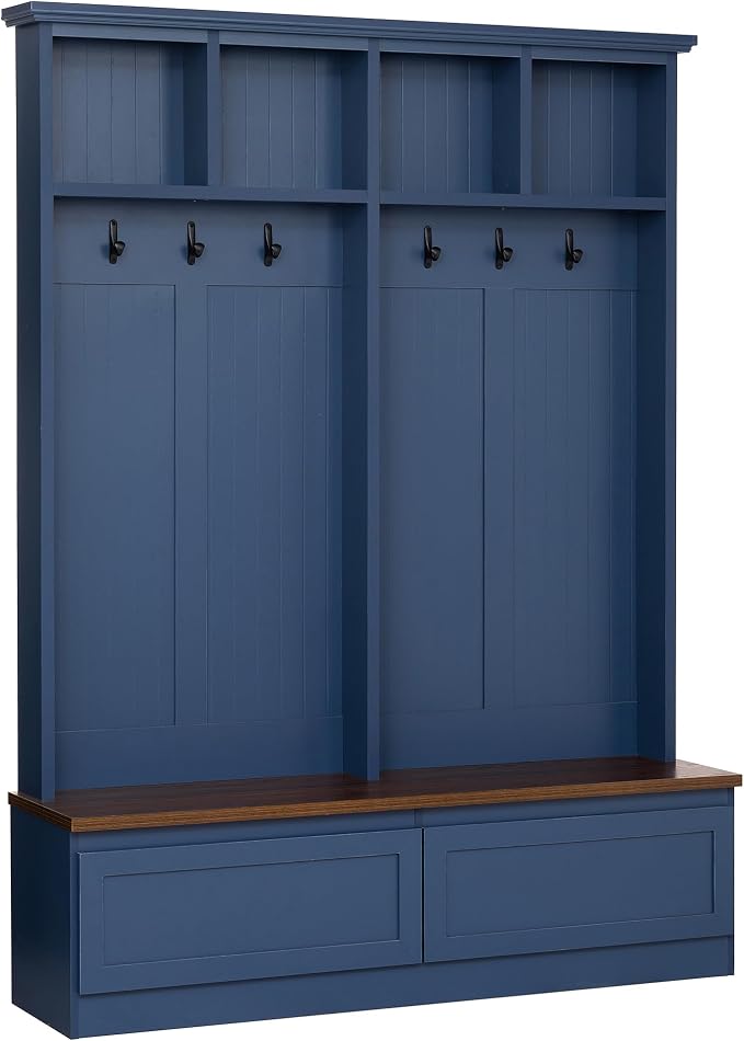 55.9" W Hall Tree with Bench and Shoe Storage,Shoe and Coat Rack with Drawer and Hooks,Farmhouse Furniture for Entryway,Mudroom,Living Room,Blue