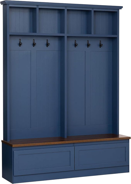 55.9" W Hall Tree with Bench and Shoe Storage,Shoe and Coat Rack with Drawer and Hooks,Farmhouse Furniture for Entryway,Mudroom,Living Room,Blue
